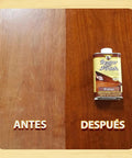 Walnut Wood Finish Restorer 16 Oz Bottle on wood, before and after application showing repaired surface quality.