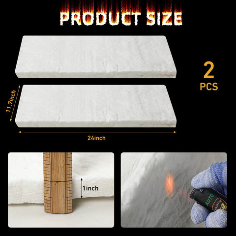 Front view: two white ceramic fiber insulation blankets, 24×12×1 in, high-density, fireproof.