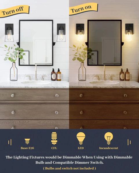 Two Light Wall Sconce In Brushed Nickel With Clear Glass Shades For Modern Vanity And Bathroom Lighting, before and after on