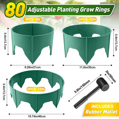 80 Piece Adjustable Interlocking Plant Rings Kit with Mallet for Garden Beds, fits 8.2-15.7 inch diameter, green rings