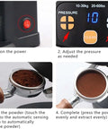 Professional 58 Mm Coffee Tamper Machine With Auto Fill And Tamp System Plus Six Height Options For Dead Flat Espresso Beds No Fuss Cleanup And Lockdown Portafilter Mount user manual images showing setup and usage steps.