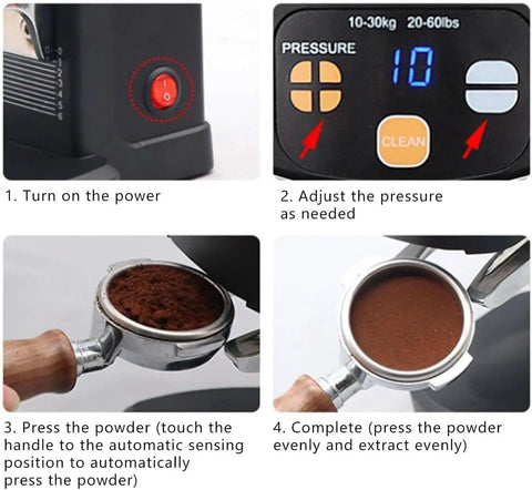 Professional 58 Mm Coffee Tamper Machine With Auto Fill And Tamp System Plus Six Height Options For Dead Flat Espresso Beds No Fuss Cleanup And Lockdown Portafilter Mount user manual images showing setup and usage steps.