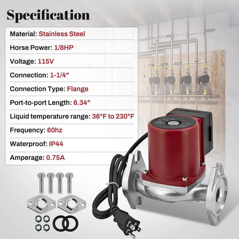 Top Shelf 1/8 HP Hot Water Circulation Pump Flanged No Hassle Direct Swap For Grundfos UP15-29SU 115 Volt stainless steel specifications.