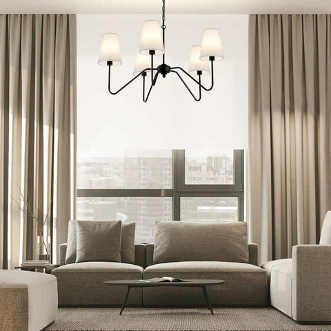 Dope Modern 5 Arm Pendant Chandelier For Dining Room With White Fabric Shades Matte Black Finish 30 Inch Diameter Height Adjustable Ceiling Light Over Table For Living Room Hallway Bedroom