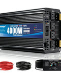 Heavy Duty 4000W Sump Pump Backup Battery System With Pure Sine Wave Output LCD Remote Control Four AC Outlets showing inverter and remote control.