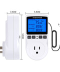 Side and front view of Plug In Thermostat Outlet with Temperature Control And Timer, 1800W 110V 15A, showing digital display.