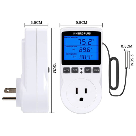Side and front view of Plug In Thermostat Outlet with Temperature Control And Timer, 1800W 110V 15A, showing digital display.