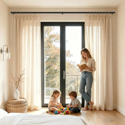 Telescoping Curtain Rod Adjustable From 32 To 58 Inches And 20 To 53 Inches Splicing Design Three Quarters Inch Drapery Rod In Black installed above a bright window with beige curtains, mother reading to children in a cozy room.