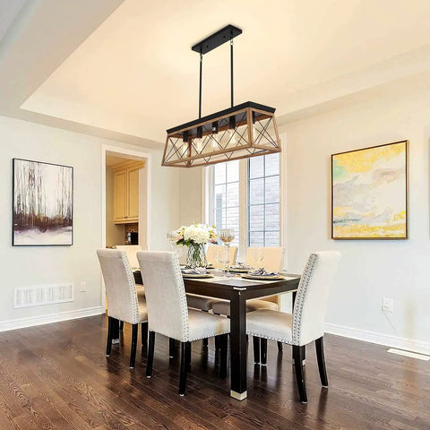 Farmhouse 5 Light Chandelier For Dining Room And Kitchen Island Rustic Pendant Light Fixtures In Matte Black With Wood Finish