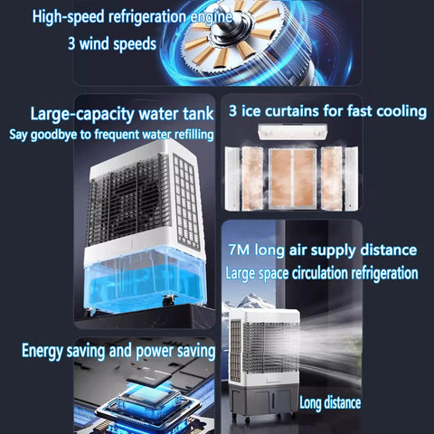 Portable Swamp Air Cooler With 3 Speed Settings And Ice Pack For Instant Chill Out Vibe 12H Timer, showing high-speed engine and large water tank.