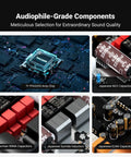 Close-up of audio components including TI TPA3255 amp chip, Japanese NCC capacitors, German WIMA capacitors on amplifier circuit board.