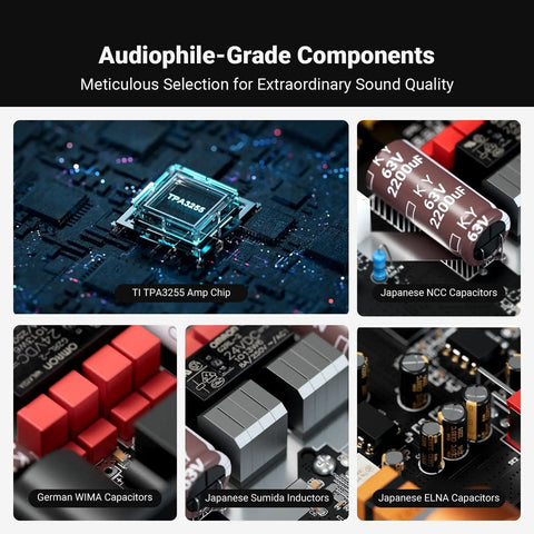 Close-up of audio components including TI TPA3255 amp chip, Japanese NCC capacitors, German WIMA capacitors on amplifier circuit board.