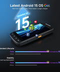 Rugged 5 Inch Android Barcode Scanner With 4G LTE WiFi GPS IP65 Zebra SE4710 Engine showing Android 15 update and stats.