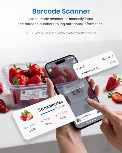 Smart Food Scale With Nutritional Calculator And App Sync For Macro Keto Calorie Tracking showing barcode scanning on phone