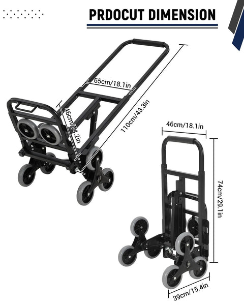 Heavy Duty Stair Climbing Hand Truck With Adjustable Support Arm Dual Rated Load Up To 550 Lbs On Flat And 330 Lbs On Stairs Steel Frame Dolly For Easy Hauling shown with dimensions