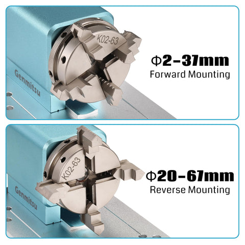 Rotary Module Kit For PROVer XL CNC Router 4030 V1 And 6050 Plus With NEMA23 Geared Stepper Motor showing forward and reverse mounting options