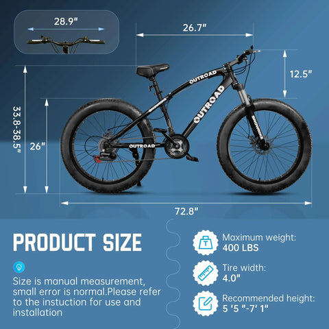 26 Inch Fat Tire Mountain Bike With 21 Speed Drivetrain, Dual Disc Brakes, Front Suspension Fork, Dimensions and Specs