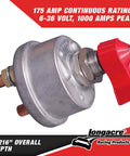 Side view of Longacre 45760 battery disconnect switch with panel, red lever, metal housing and terminal posts