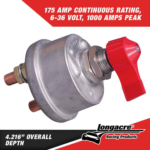 Side view of Longacre 45760 battery disconnect switch with panel, red lever, metal housing and terminal posts