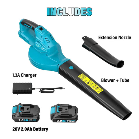 Cordless Leaf Blower With 2 X 2.0Ah Batteries, 350 CFM At 150 MPH, Fast Charger, Dual Tube Design, 20V Lawn Care Tool, Blue