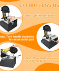 2 In 1 Portable Band Saw Stand With Alloy Steel Construction For Vertical And Horizontal Cutting Adjustable Height And Quick Clamp System Built For Dewalt DCS374B DCS374P2 Portable Bandsaws demonstrating cutting process.