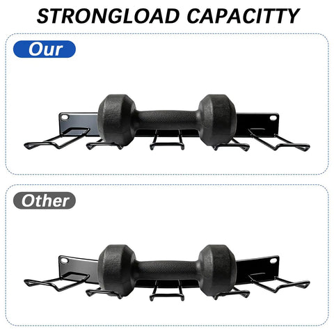 Comparison of two drill storage rack wall mounts, top labeled as "Our," showing heavy-duty solid metal design, holding drills securely, and "Other."