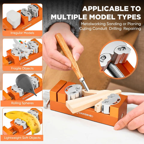 Fractal Vise Self Adjusting Drill Press Bench Vice With Adaptive Jaw Clamping For Flat Round And Irregular Parts in orange for drilling