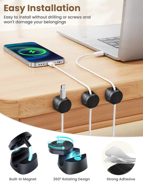 360 Degree Magnetic Cable Clips For Desk And Car, tangle free self adhesive cord organizer, installed on desk, black, 3 cables