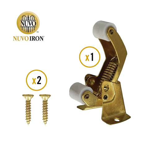 Built Tough Spring Loaded Screen Door Catch Slick Brass Finish Iron Frame with 2 screws, ideal for secure installation.