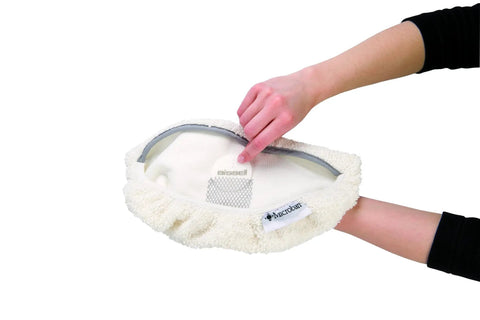 Person holding microfiber pad for Odor Eliminating Scent Discs For PowerFresh Steam Mop And Symphony Vacuum And Steam Replacement Parts Genuine OEM