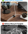 Six Pack Black Cord Organizer Clips For Cables And Chargers, adhesive wire clips on neat desk vs tangled cords before use