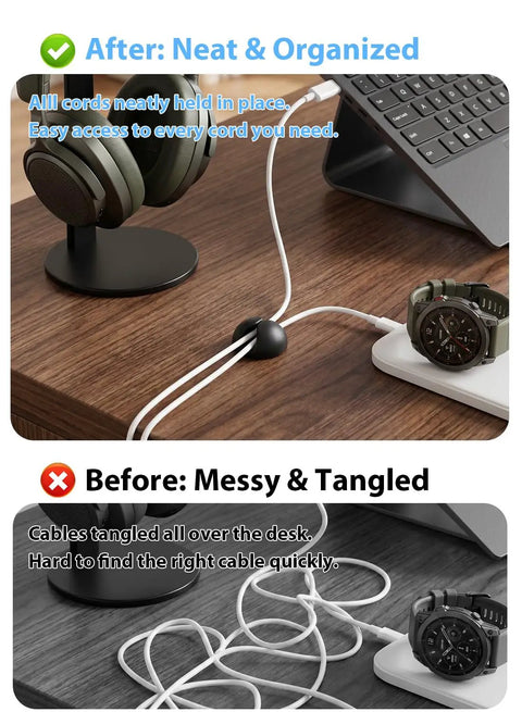 Six Pack Black Cord Organizer Clips For Cables And Chargers, adhesive wire clips on neat desk vs tangled cords before use