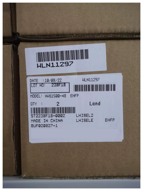 Label on cardboard box containing Rock Solid Switching Power Supply Din Rail Mount Hws1500 48 Vdc for industrial automation.