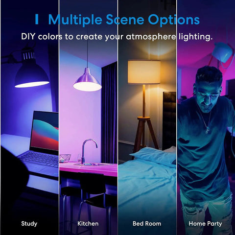Smart BR30 Flood LED Bulbs 2 Pack Dope Color Changing RGBCW used in study, kitchen, bedroom, and home party scenes