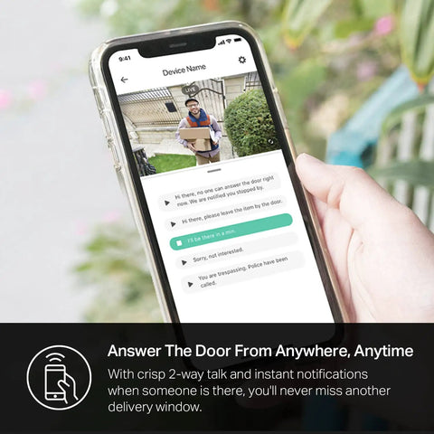 User holding phone showing image from Hardwired 2K Video Doorbell With Chime, Night Vision, 2-Way Audio, Real-Time Alerts screen.