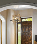 4 Light Rustic Farmhouse Chandelier With Oil Rubbed Bronze Finish hanging in a foyer, viewed from a side angle, wooden door backdrop.