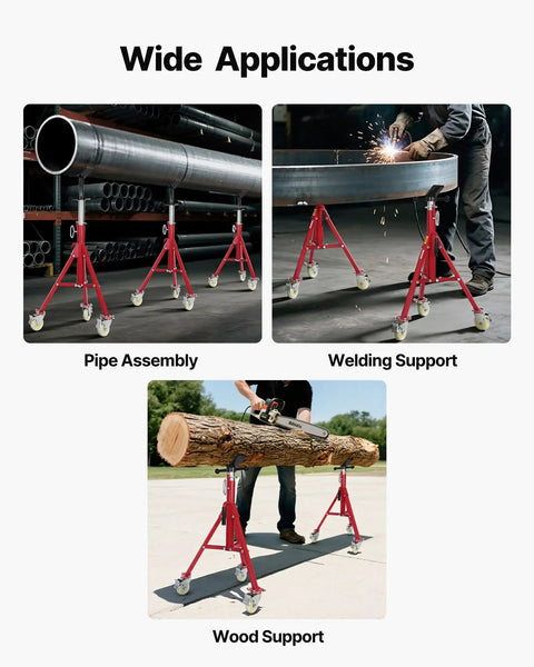 Heavy Duty Pipe Stand With Casters, Adjustable Height From 28 To 52 Inches, showing pipe assembly, welding, and wood support