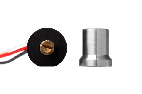 Compact LED Dimmer Knob With Rotary Control for 12-24V LEDs, aluminum housing, wiring visible, side and top view