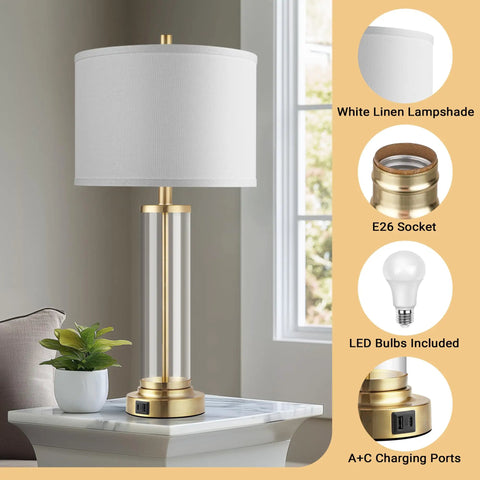 Touch Control Bedside Lamps Set Of 2 With USB A And C Ports, 3 Way Dimmable Nightstand Lighting With Fabric Shade, LED Bulbs Included