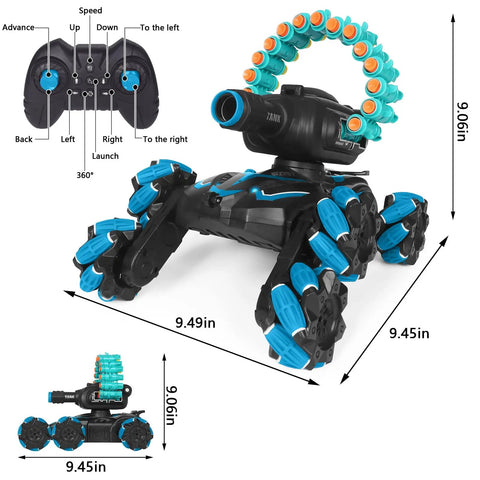 Nerf Compatible Gesture Sensing RC Tank that Shoots Soft Foam Darts, blue 6WD with controller, size dimensions included