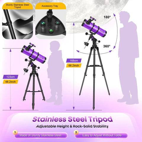 150mm Aperture Newtonian Reflector Telescope for Adults and Beginners with adjustable stainless steel tripod shown in various heights