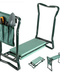 Versatile Garden Kneeler And Seat Foldable Bench With Tool Pouch And Soft Kneeling Pad, shown in green with iron frame.