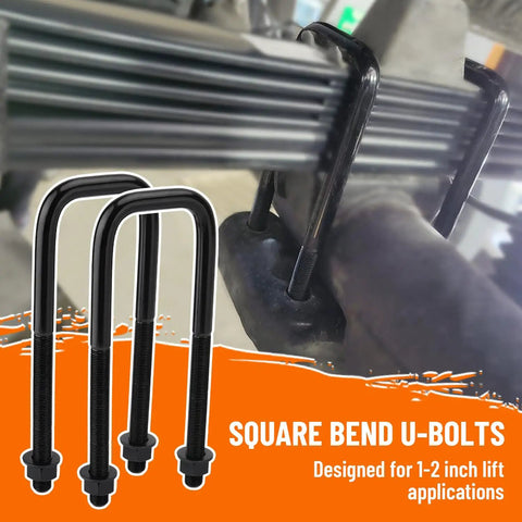 Extended Square Bend U Bolts Four Pack For One To Two Inch Lift Applications Eight And A Half Inch Long And Two And A Half Inch Wide