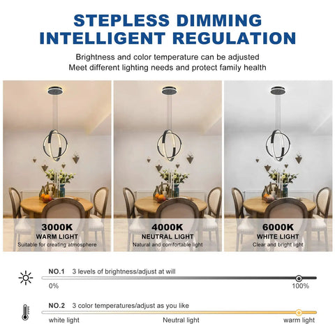 Comparison of warm, neutral, and white light from Black 2 Ring Chandelier With Remote Control Dimmable Hanging Light Fixture LED