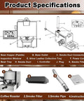 Product specifications for Smokeless Electric Coffee Bean Roaster For Home And Office, Portable 200G Compact Brew Station.