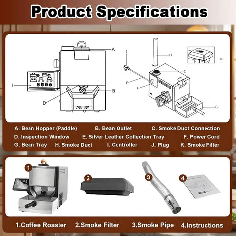 Product specifications for Smokeless Electric Coffee Bean Roaster For Home And Office, Portable 200G Compact Brew Station.