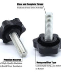 Close-up of Snag Up Six Beefy M8 Knurled Clamping Knobs Featuring Hex Star Thumb Screw Designs, showcasing black polypropylene caps and steel threads.