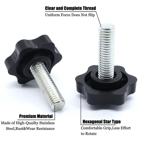 Close-up of Snag Up Six Beefy M8 Knurled Clamping Knobs Featuring Hex Star Thumb Screw Designs, showcasing black polypropylene caps and steel threads.