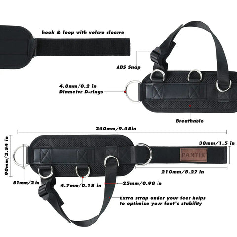 Secure Fit Two Pack Ankle Straps For Cable Machine With Crazy Comfy Neoprene Padding And Bombproof Steel Double Hooks showing different angles and dimensions.