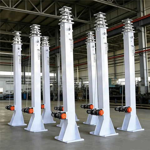 Built Different Heavy Duty Multi Stage Aluminum Telescopic Mast With Plug And Play Electric Lift and backup hand crank displayed in a factory setting.